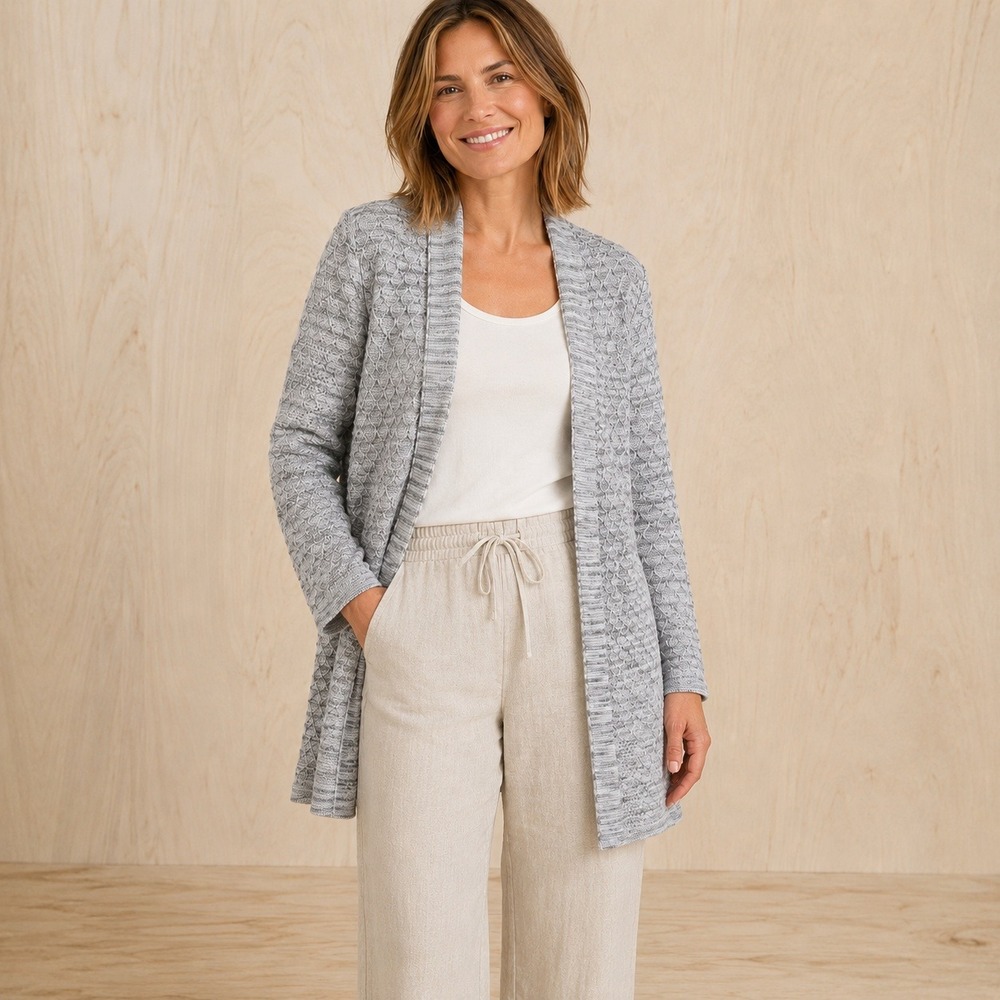 J. Jill Gray White Honeycomb Knit Open Front Longline Cardigan Sweater XS